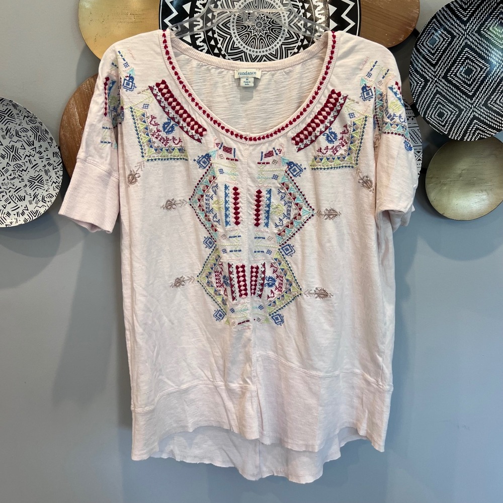 Sundance Womens Embroidered Cotton Slub Knit Boho Tee Shirt Size M SP119